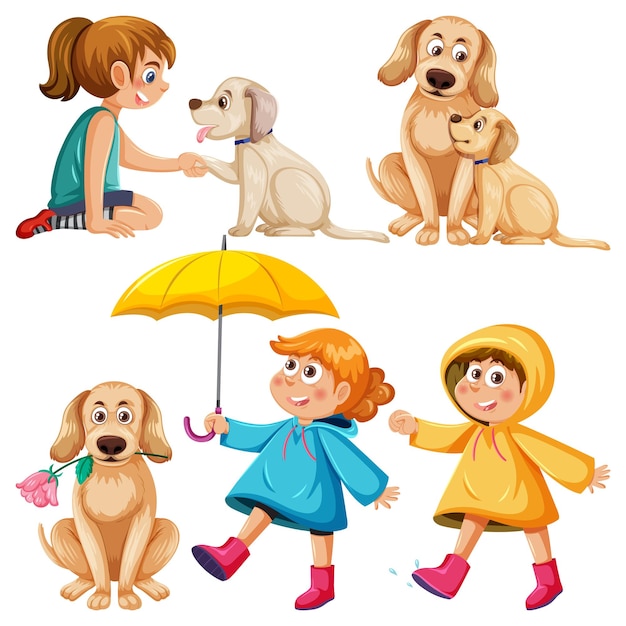 Girls and Dogs Cartoon Set