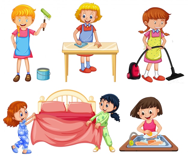 Girls doing different chores on white background