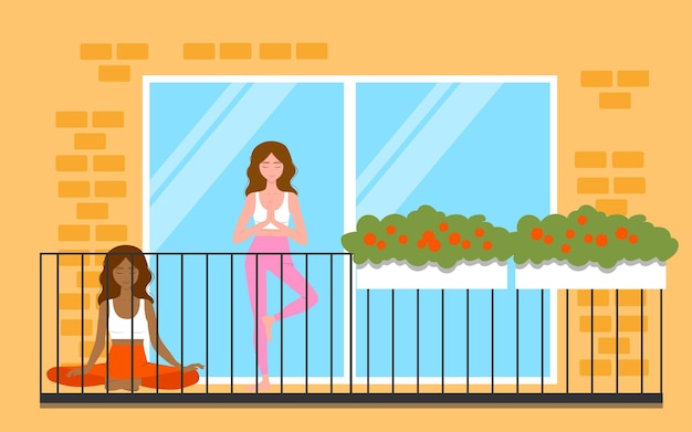 Girls doing yoga on balconie vector illustration in flat style