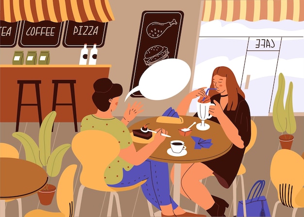 Girls eat and talk together at city cafe Scene in restaurant Women sit at tables and have a conversation Persons eat dessert and drink sweet drinks Modern people in vector illustration