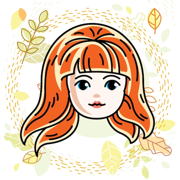 Girls face, human head. Vector character, beautiful red-haired teenager with stylish haircut.