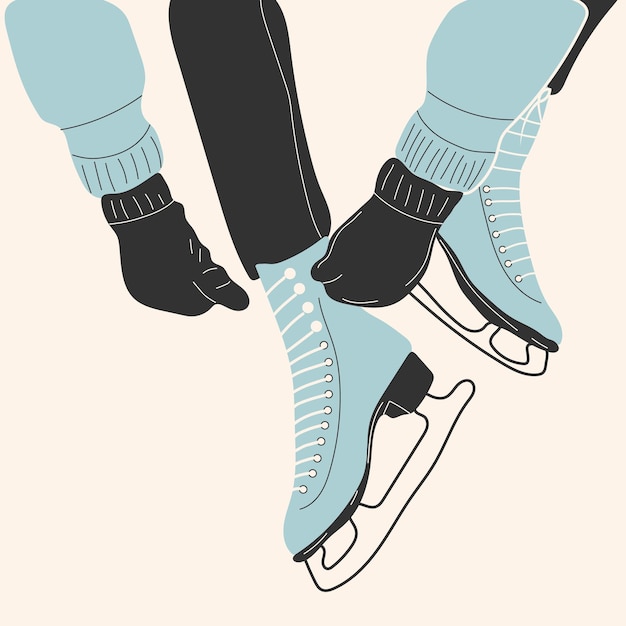 Girls in gloves puts on Pair of white Ice skates. Figure skating. Women's ice skates. Winter sports.