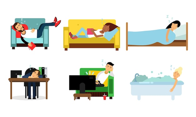 Vector girls and guys sleeping in different places and poses on beds in bathroom with soap bubbles at the working desk in armchair in front of the tv on a sofa with a book isolated on white background