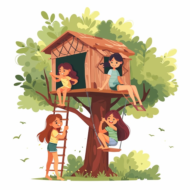 Vector girls_have_fun_climb_on_tree_house_with_ladder