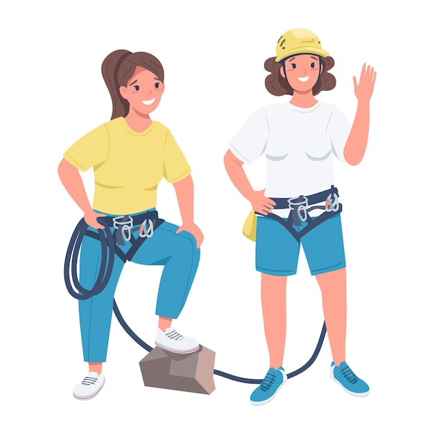 Girls hiking together semi flat color vector characters Standing figures Full body people on white Active sport club simple cartoon style illustration for web graphic design and animation