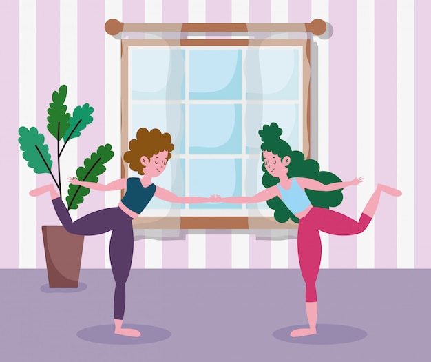 Girls holding hands practicing yoga in room, exercises at home