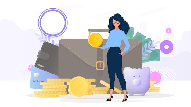 Girls holds a gold coin. Mountain of coins, business briefcase, credit card, dollars. The concept of savings and accumulation of money. Suitable for presentations and business articles.