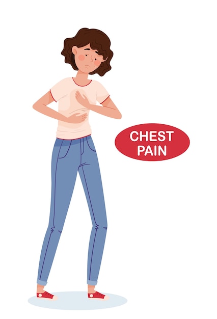 Girls in jeans and a Tshirt have severe chest pain Full length image