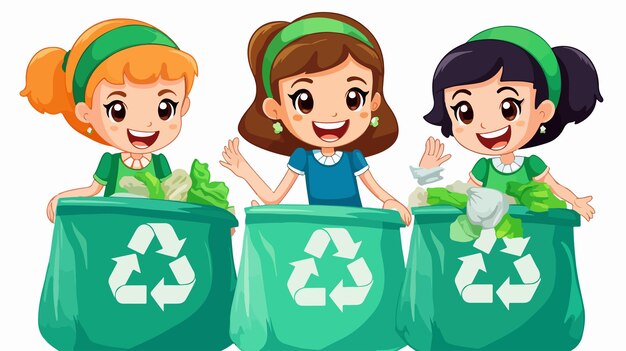 Vector girls learning recycle trash illustration on white background