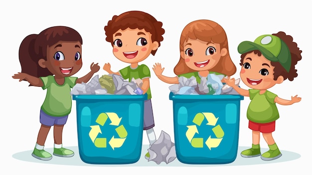 Vector girls learning recycle trash illustration on white background