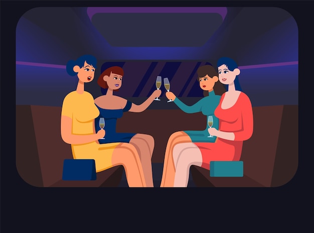 Girls in limousine drink champagne. Flat cartoon vector color illustration.