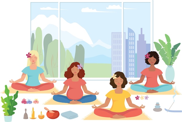 Girls meditate in the lotus position in a room with a large window overlooking the city