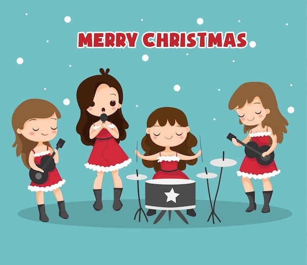 Girls music band wearing Santa dress singing for Christmas festival