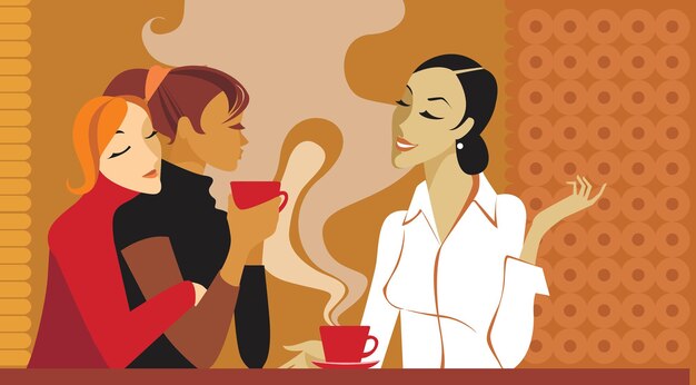 Vector girls people communication and friendship concept smiling young women drinking coffee or tea and gossiping in a cafe