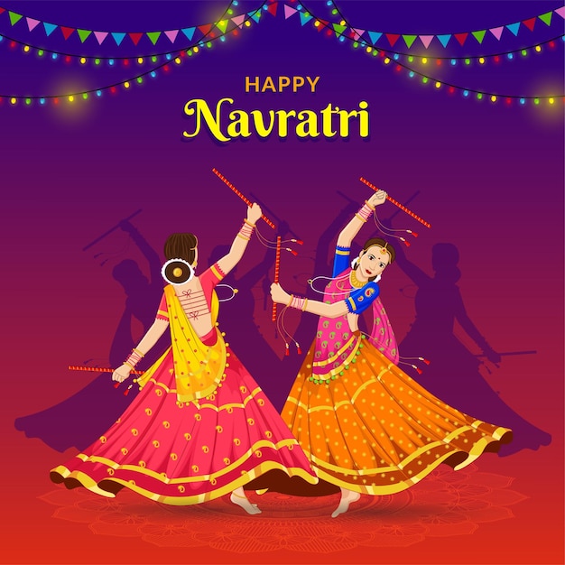 Girls playing Dandiya at Navratri Happy Durga Puja Navratri and Dussehra Banner