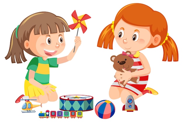 Vector girls playing toys on white background