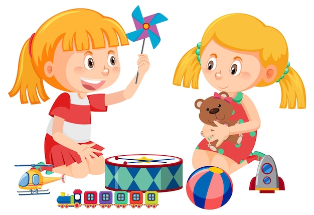 Girls playing toys on white background