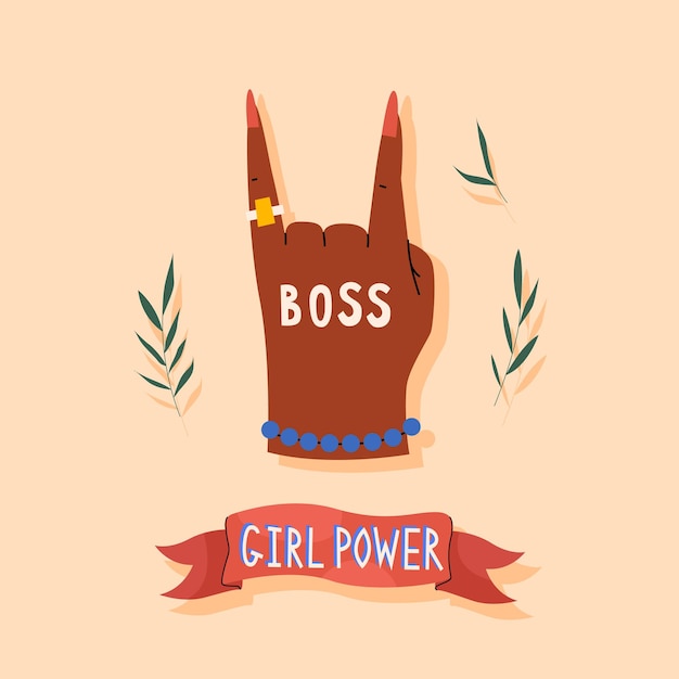 Girls power card in trendy hand drawn style for women with hand and lettering