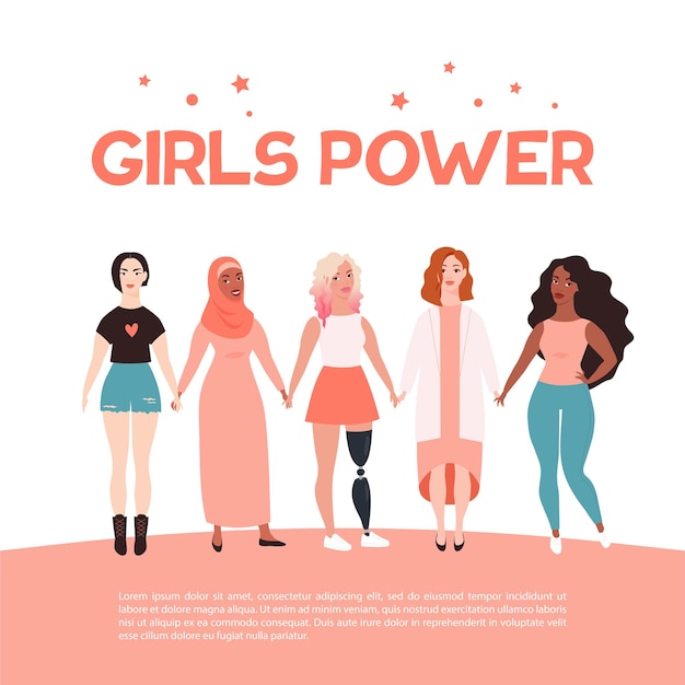 Girls power concept with happy smiling women standing together