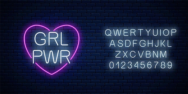 Girls power sign in neon style with alphabet. Glowing symbol of female slogan in heart shape. Women rights.