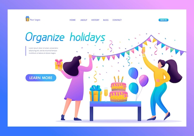 Girls prepare a surprise party organization of holidays Decorate the hall prepare gifts Flat 2D character Landing page concepts and web design