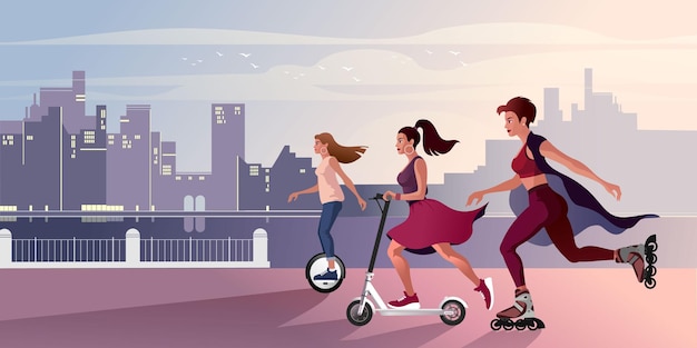 Girls ride along the embankment on a scooter rollerblades and a monowheel Vector illustration