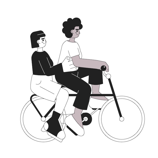 Girls riding on bicycle monochromatic flat vector characters Entertainment Friends activity Editable thin line full body people on white Simple bw cartoon spot image for web graphic design