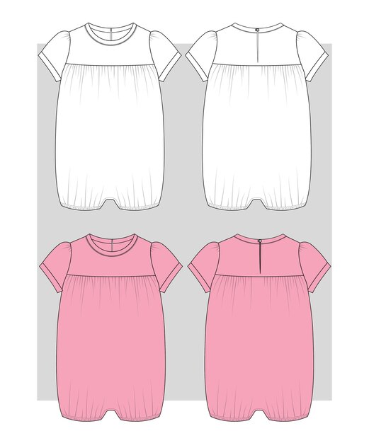 Girls Romper With Round Neck Flatsketch Front Back