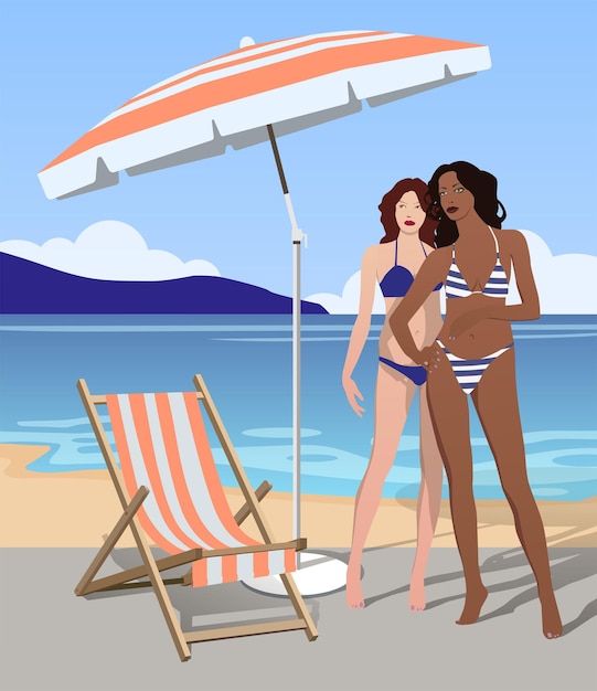 Girls on the seashore under an umbrella near a sun lounger Vector