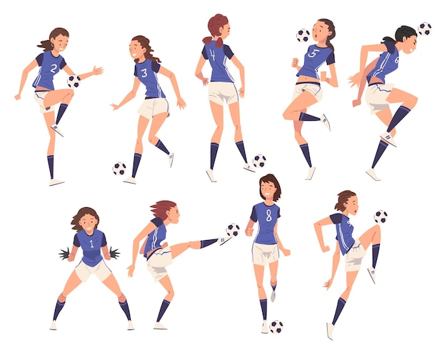 Vector girls soccer players characters collection young women in sports uniform playing football female