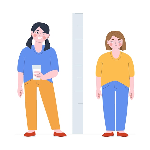 Girls stand near a meter to measure height Glass of milk in hand Children's emotions Flat vector