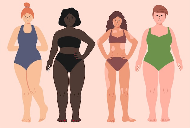 Girls In Swimsuites With Black Skin Vitiligo Plus Size Shapes Vector Illustration In Flat Style