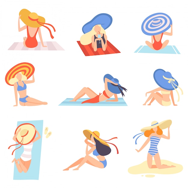 Girls in Swimsuits and Hats Sunbathing on Beach Set, Beautiful Young Woman Enjoying Summer Vacation on Seashore  Illustration