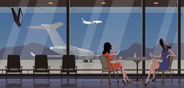 Girls at a table at the airport in front of a large window Vector