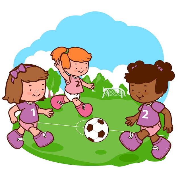 Girls team playing a game of soccer Happy children soccer players athletes on the football field