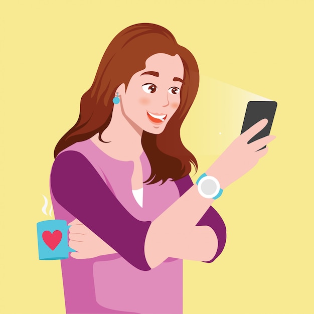 Girls use smart phones while drinking warm coffee  illustration