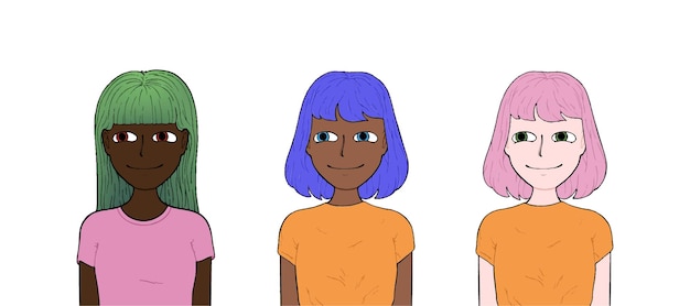 Girls with different hair and different colored clothes doodle line cartoon