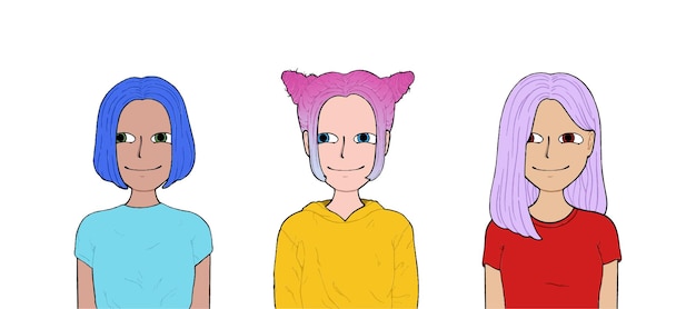 Girls with different hair and different colored clothes doodle line cartoon