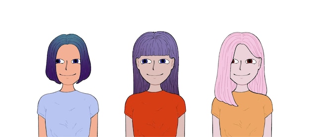 Girls with different hair and different colored clothes doodle line cartoon