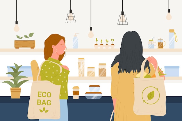 Girls with eco bags shopping on grocery shop conscious characters using reusable bags