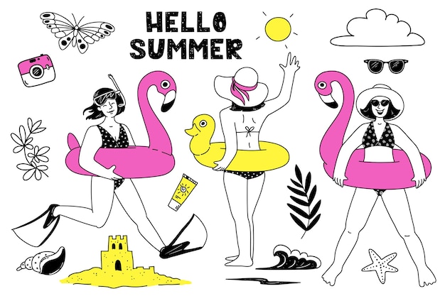 Girls with an inflatable pink flamingo with a yellow inflatable duckling Set of varied summer