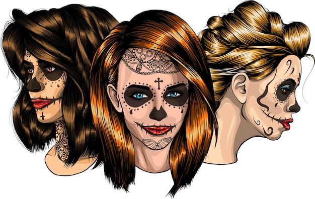 Vector girls with skeleton make up hand drawn vector sketch santa muerte women witch portrait stock illustration