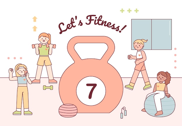 Girls working out with huge kettlebells. flat vector illustration.