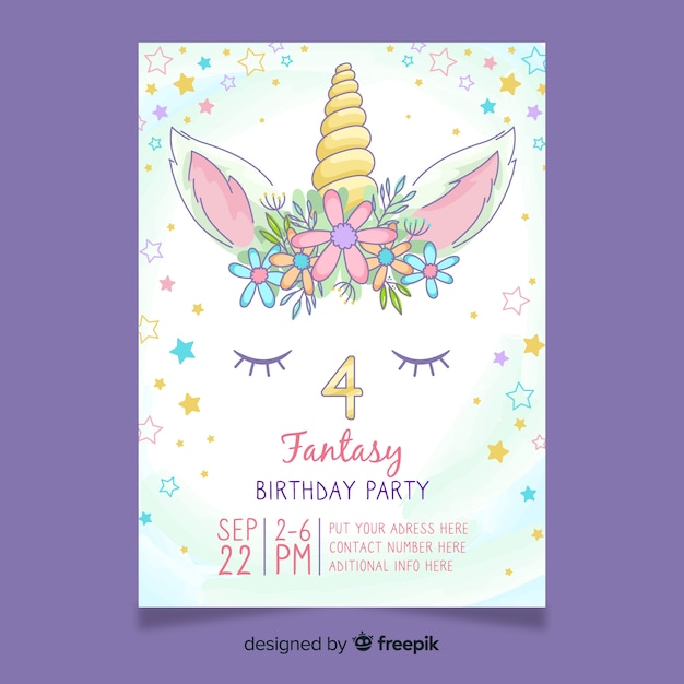 Vector girly birthday invitation with unicorn