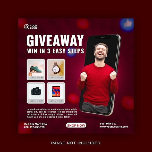 Give Away Win In Three Steps Instagram Banner Ad Concept Social Media Post Template