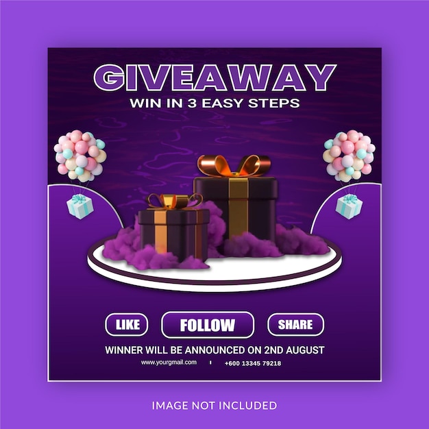 Give Away Win In Three Steps Social Media Banner Instagram Post Template