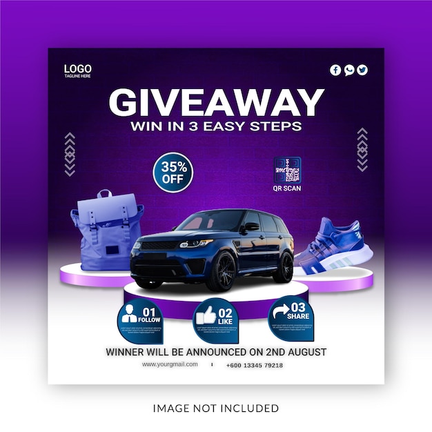 Give Away Win In Three Steps Social Media Post Instagram Banner Template