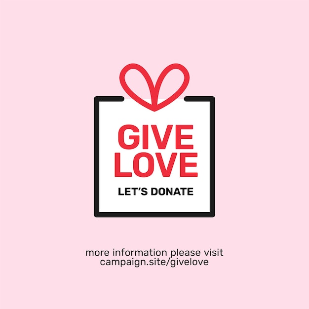 Give Love online charity foundation logo template with gift box and heart ribbon line illustration