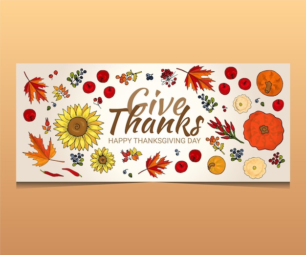 Give Thanks Happy Thanksgiving day lettering postcard with autumn leaves apple sunflower