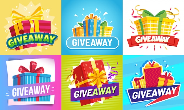 Giveaway post. Give away gifts, winner reward and gift prize draw social media posts  illustration set